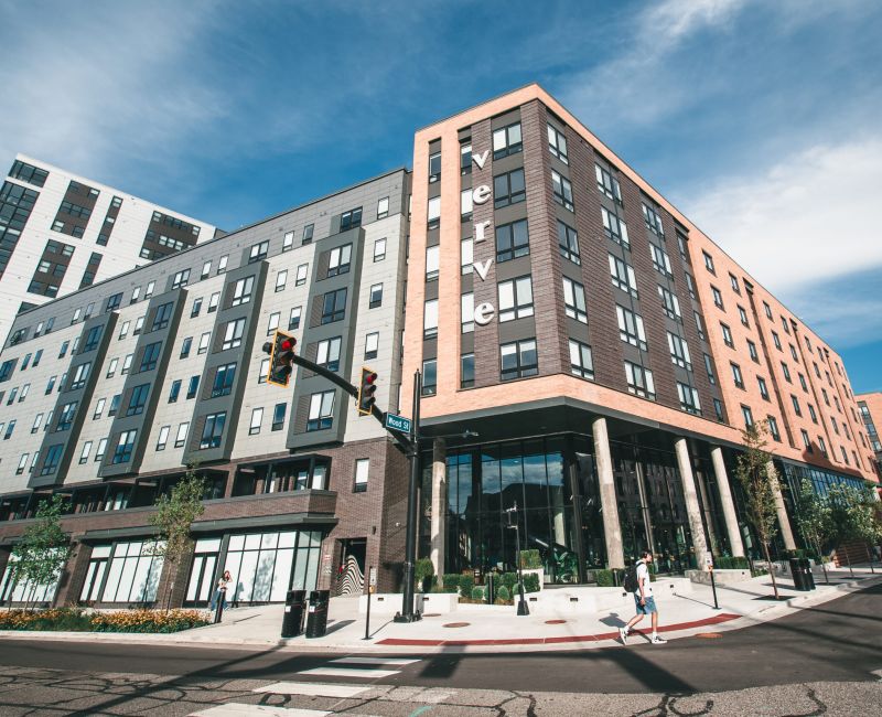 Exterior rendering of VERVE West Lafayette student living building