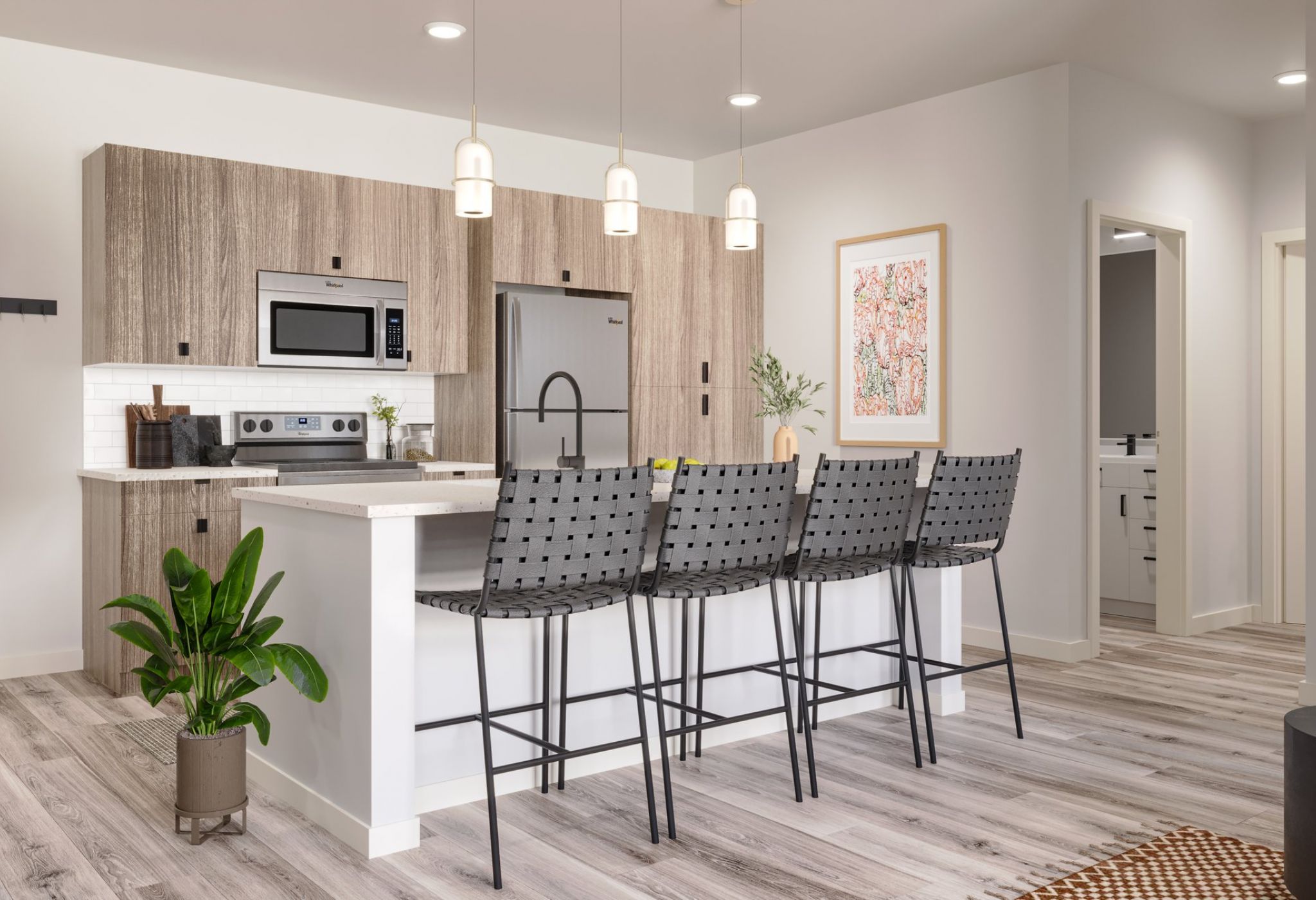 Rendering of VERVE West Lafayette student apartment kitchen with kitchen island and designer cabinetry