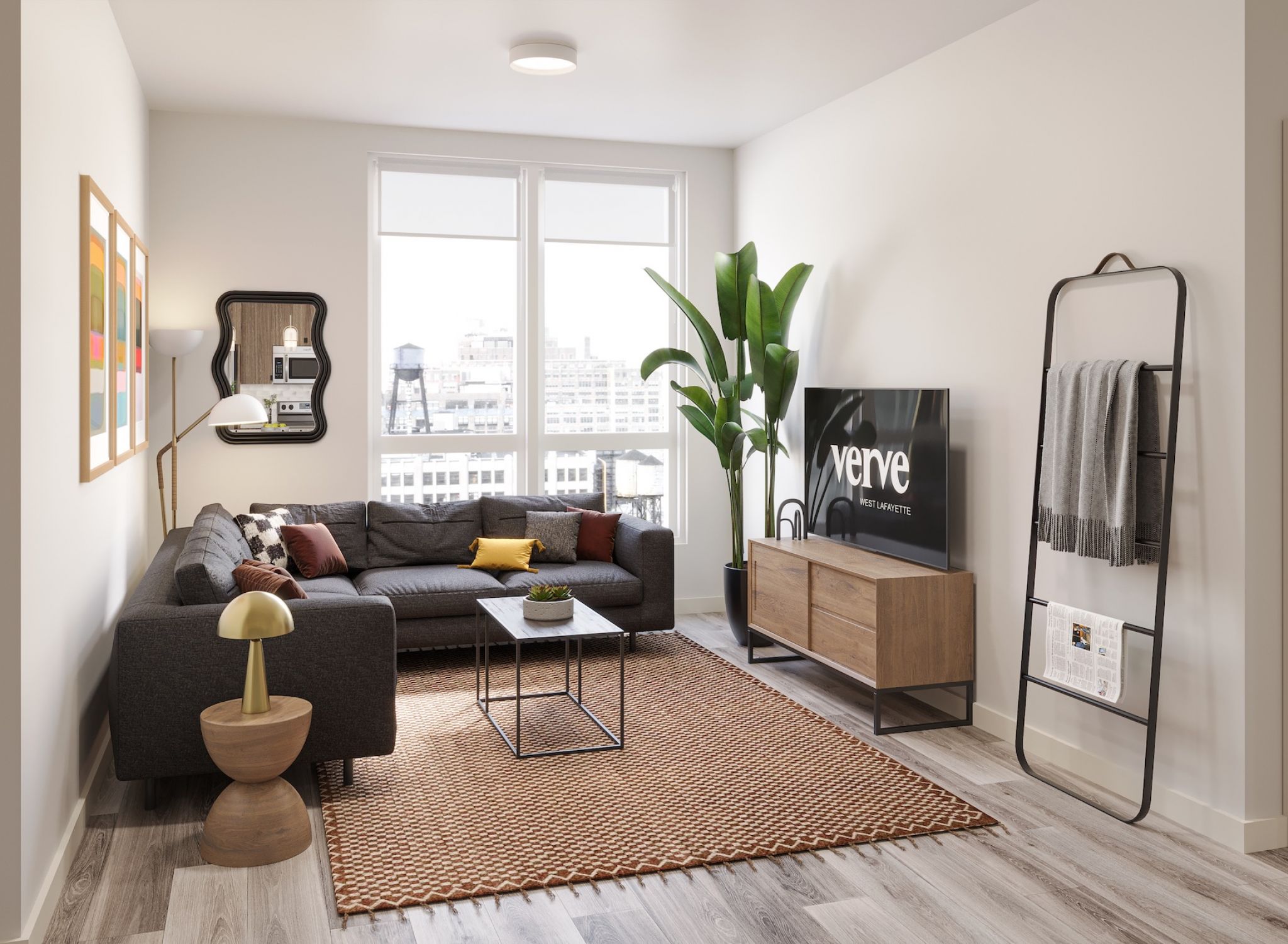 Rendering of VERVE West Lafayette student apartment living room with corner couch, TV, and large window
