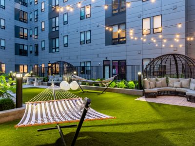 Outdoor courtyard with hammocks
